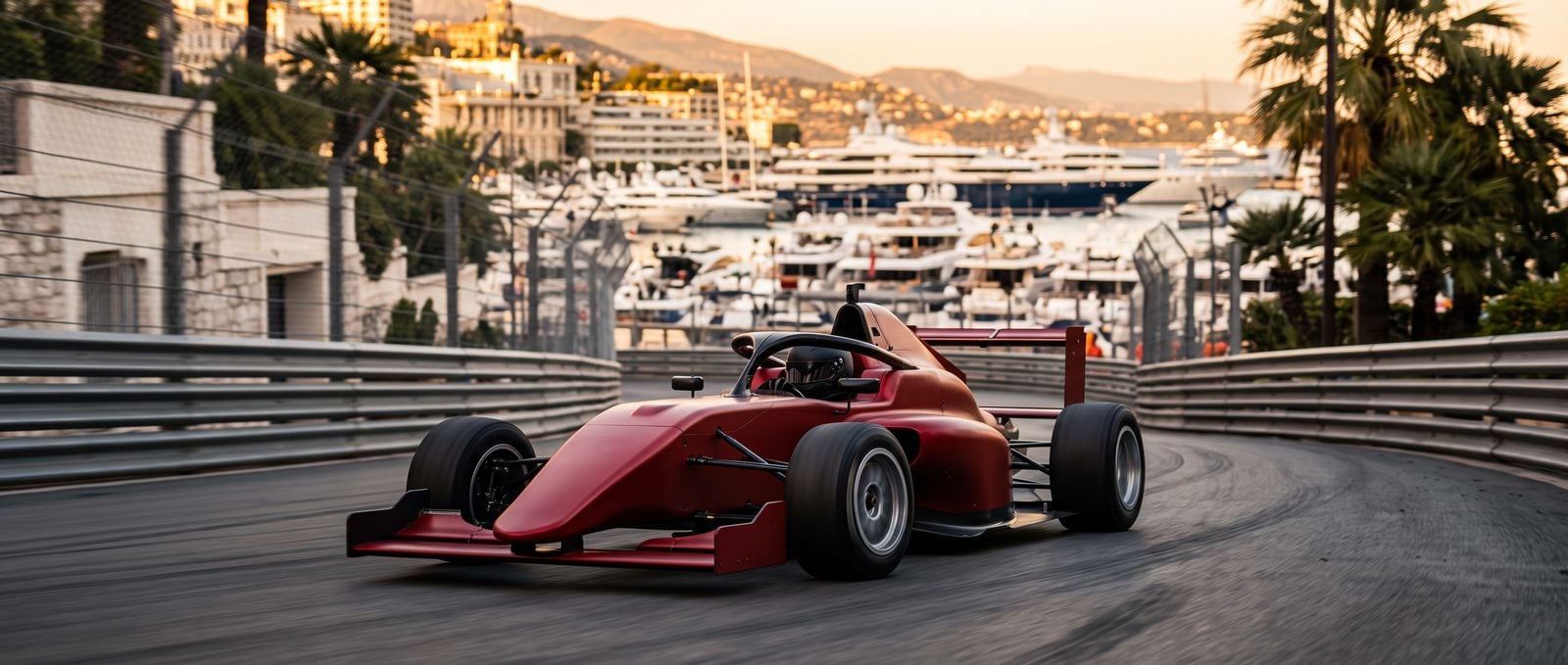 A red single-seater race car on a Mediterranean street circuit