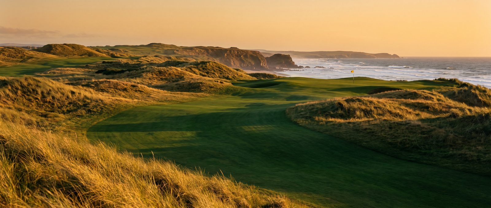 A coastal links fairway at golden hour