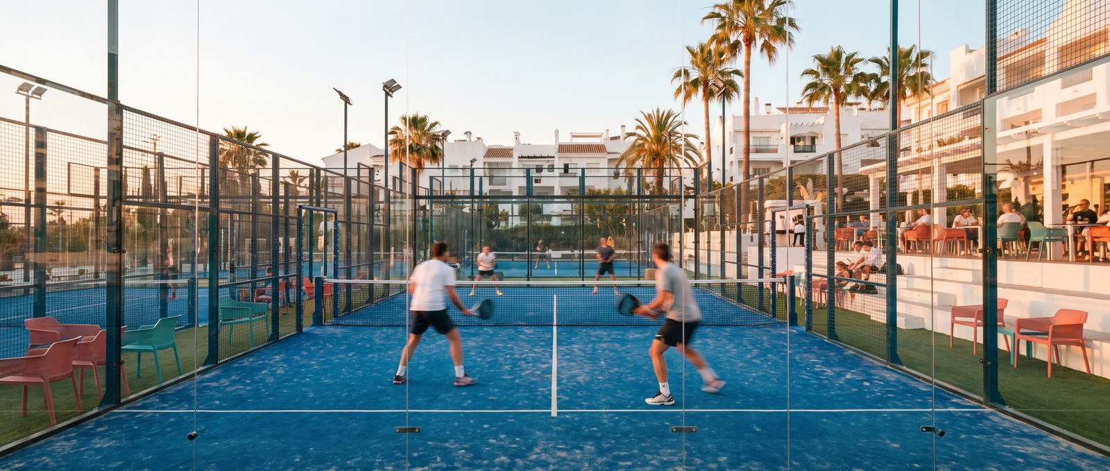 Glass-walled padel courts at a sunlit resort